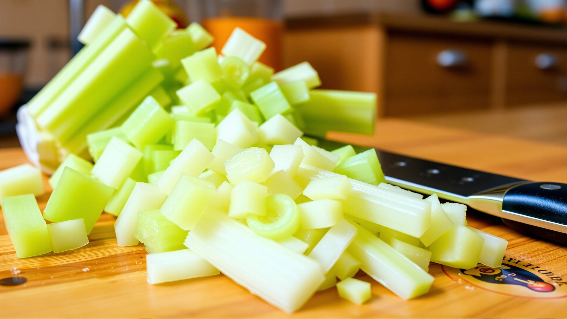 Cut celery pieces on a wooden cutting board, kitchen background, bright colors
