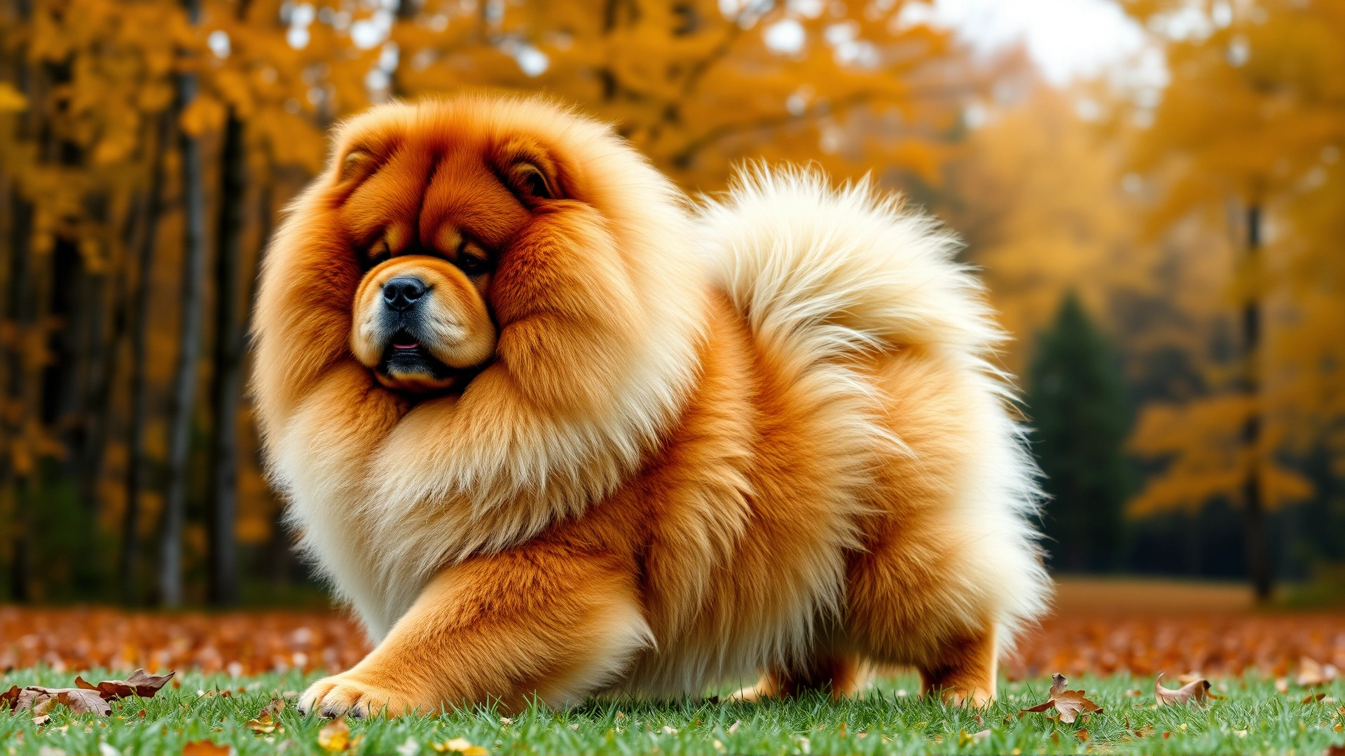 A Chow Chow with a full mane-like coat posing majestically against an autumn forest backdrop.