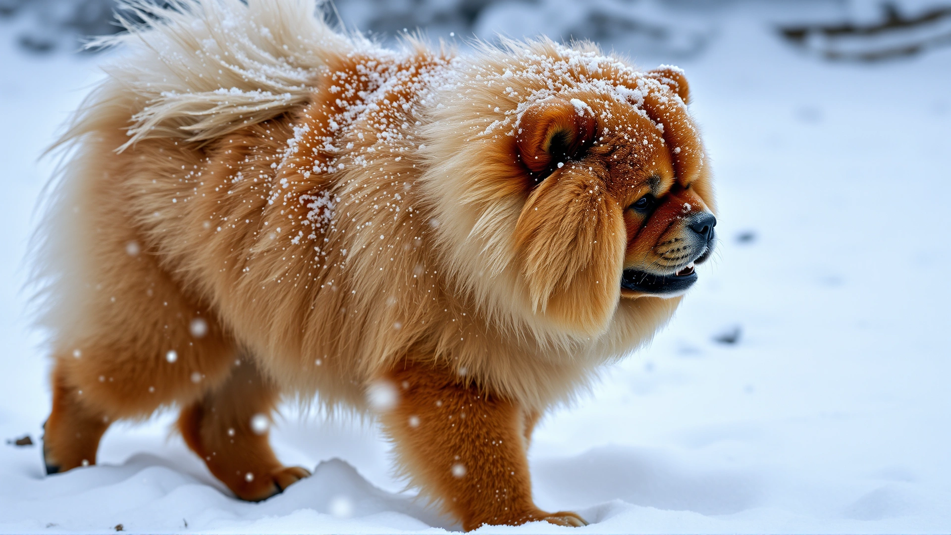 Chow Chow walking through freshly fallen snow, its dense fur covered with tiny snowflakes.