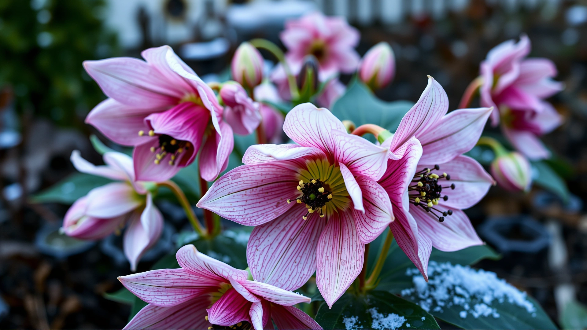 Close-up of blooming Christmas rose (Helleborus niger) flowers in an outdoor winter garden