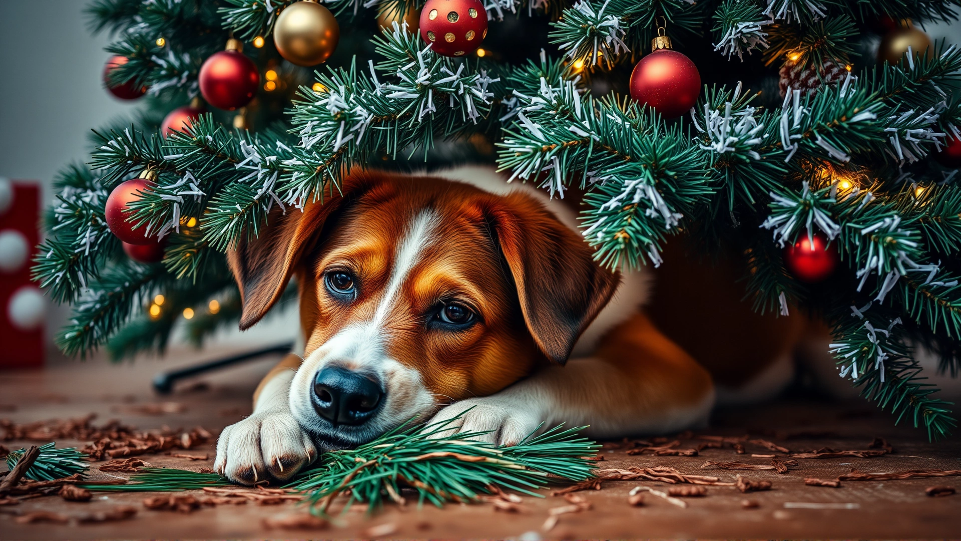Dog chewing on fallen pine needles beneath a fully decorated Christmas tree.