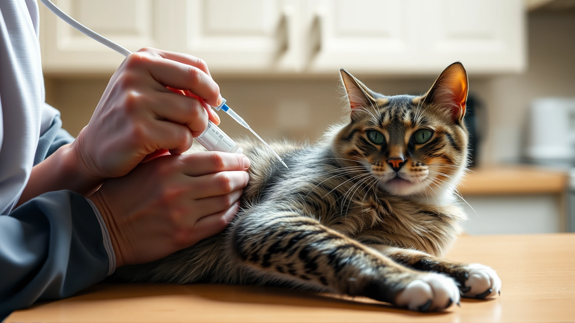 Cat owner administering subcutaneous fluids to an older cat on a kitchen counter, warm home lighting