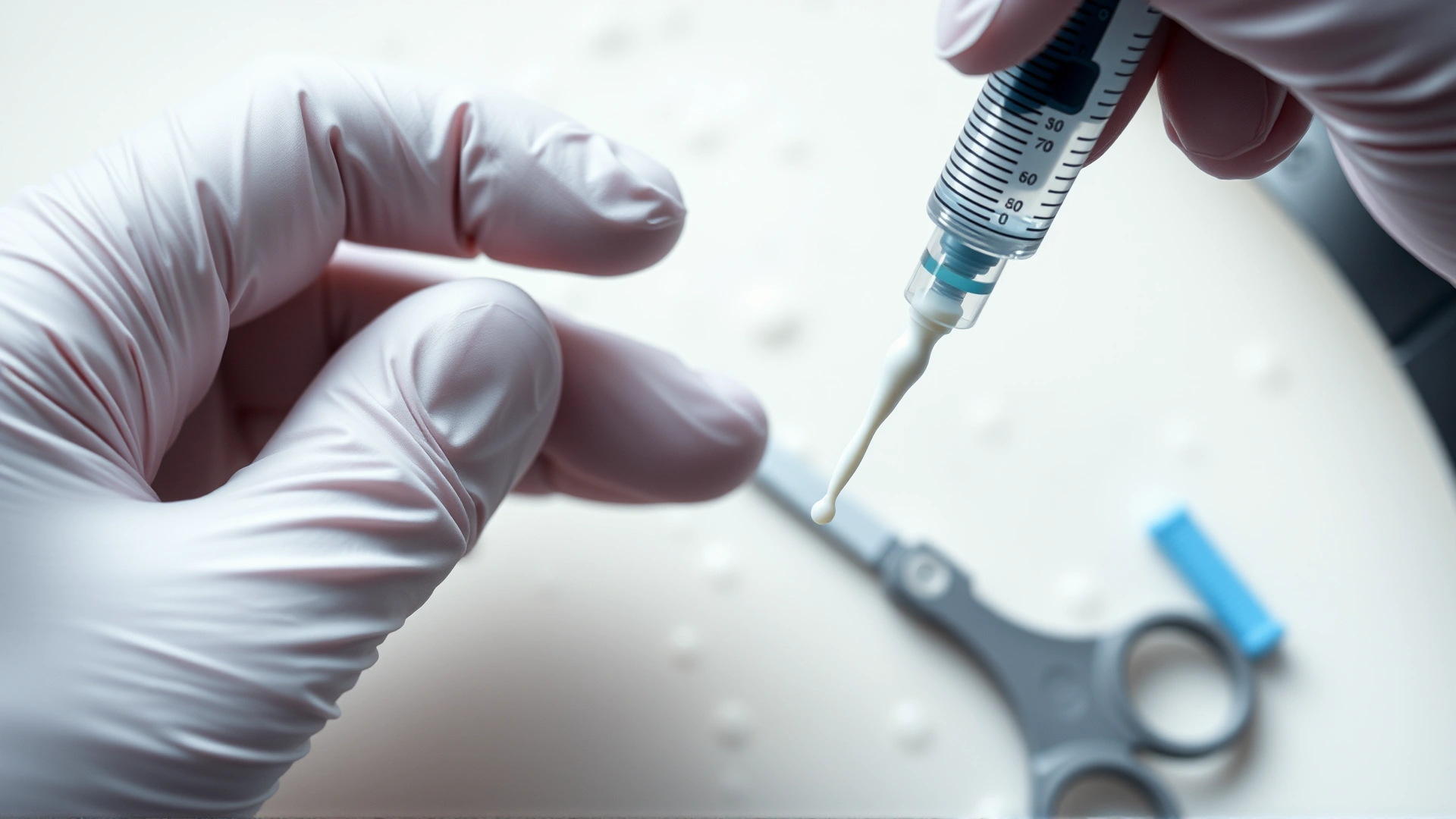 Illustrative photo of milky chylous fluid being drawn into a syringe next to a veterinarian's gloved hand and sterile equipment.