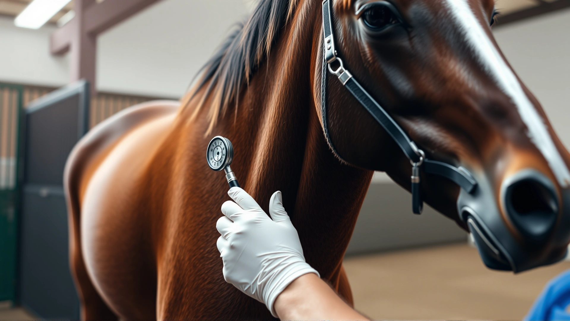 Tight shot of a veterinarian placing a stethoscope on a horse’s chest in a stable, focus on the animal’s coat and instrument, no text