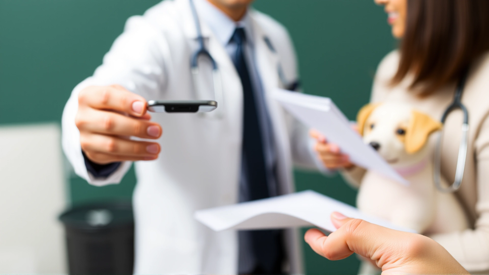 Illustrative photo of a smartphone displaying an insurance app claim form, with a veterinarian in the blurred background handing documents to a pet owner.