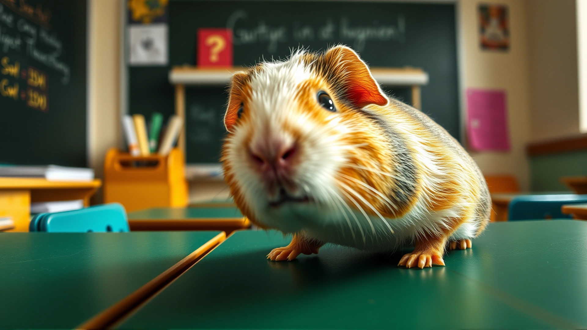 Wide-angle photo of a guinea pig exploring a classroom desk with a blackboard in the background, bright and inviting atmosphere