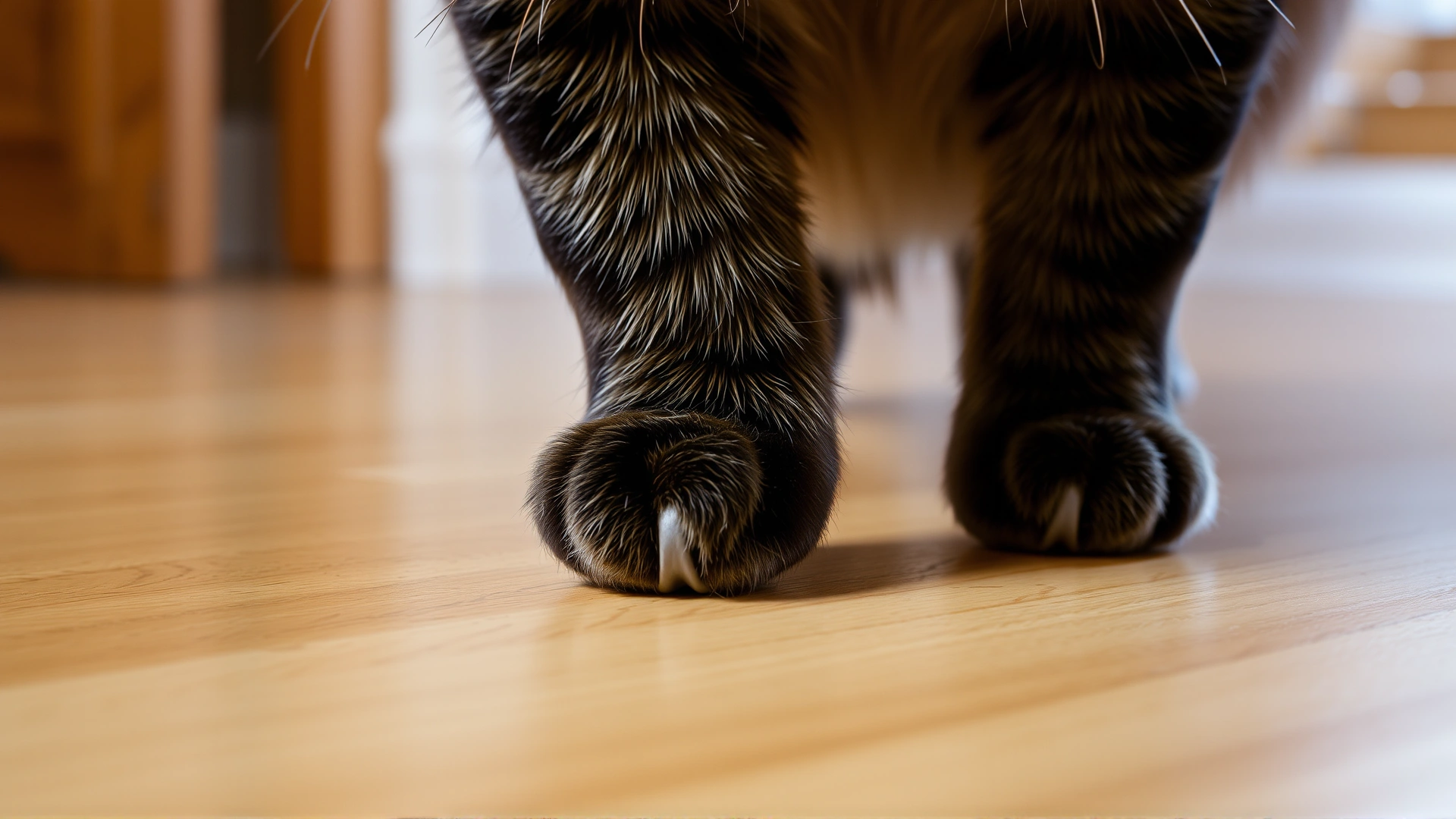 Close-up view of a cat walking on a hardwood floor where overly long claws make audible contact, illustrating the 'clicking' sound. No text.
