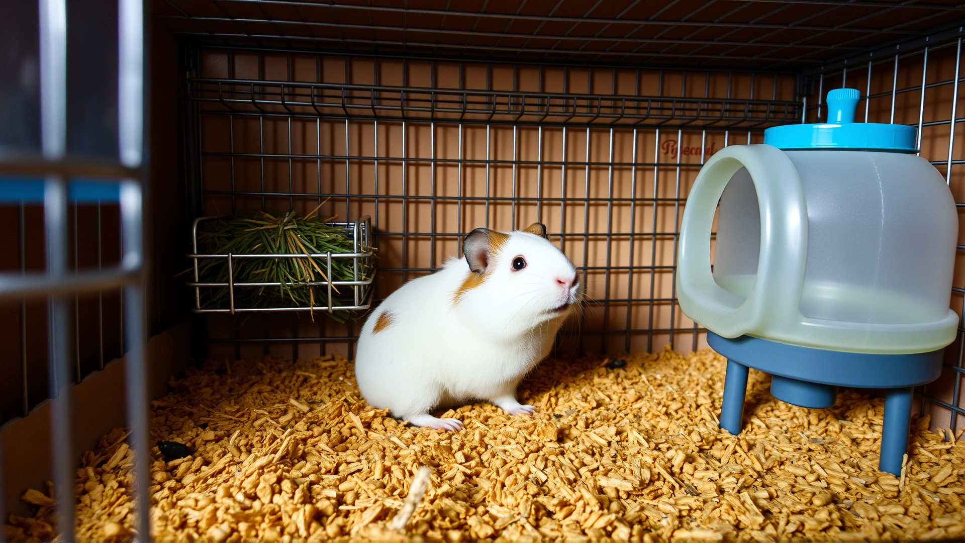 Wide shot of an indoor guinea pig cage with fresh paper-based bedding, hay rack, and water bottle; shows cleanliness.