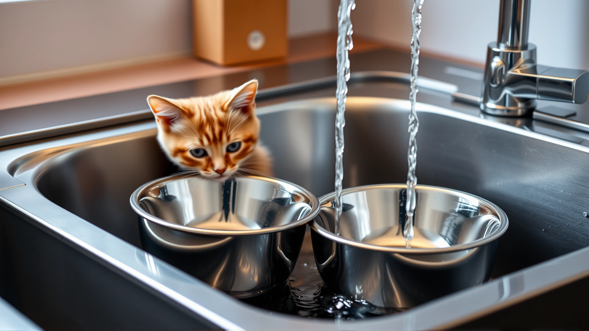 Shiny stainless-steel cat food bowls being washed under running hot water in a modern kitchen sink