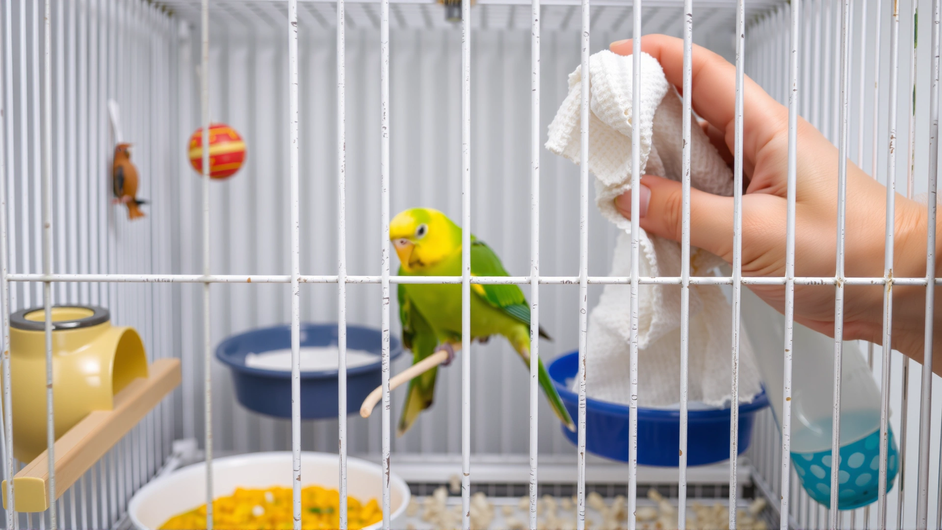Sparkling clean birdcage with fresh food, water bowls, and toys, human hand wiping cage bars with disinfectant cloth.