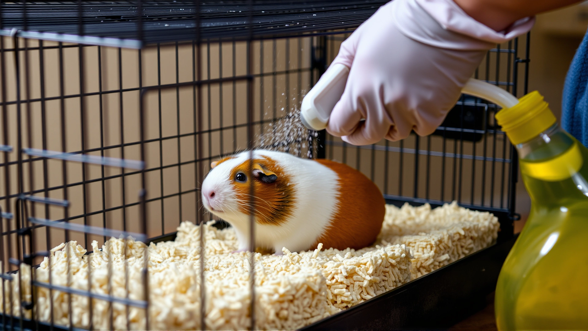 Photo of a person wearing gloves cleaning and disinfecting a guinea pig cage with fresh bedding being placed inside.