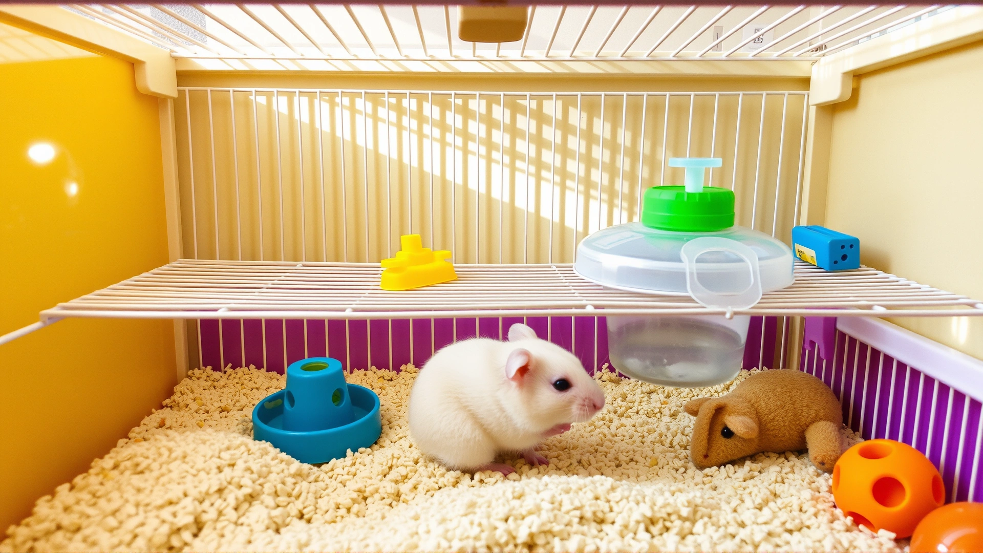 Bright, spotless hamster cage featuring fresh bedding, a water bottle, and chew toys, under natural daylight.