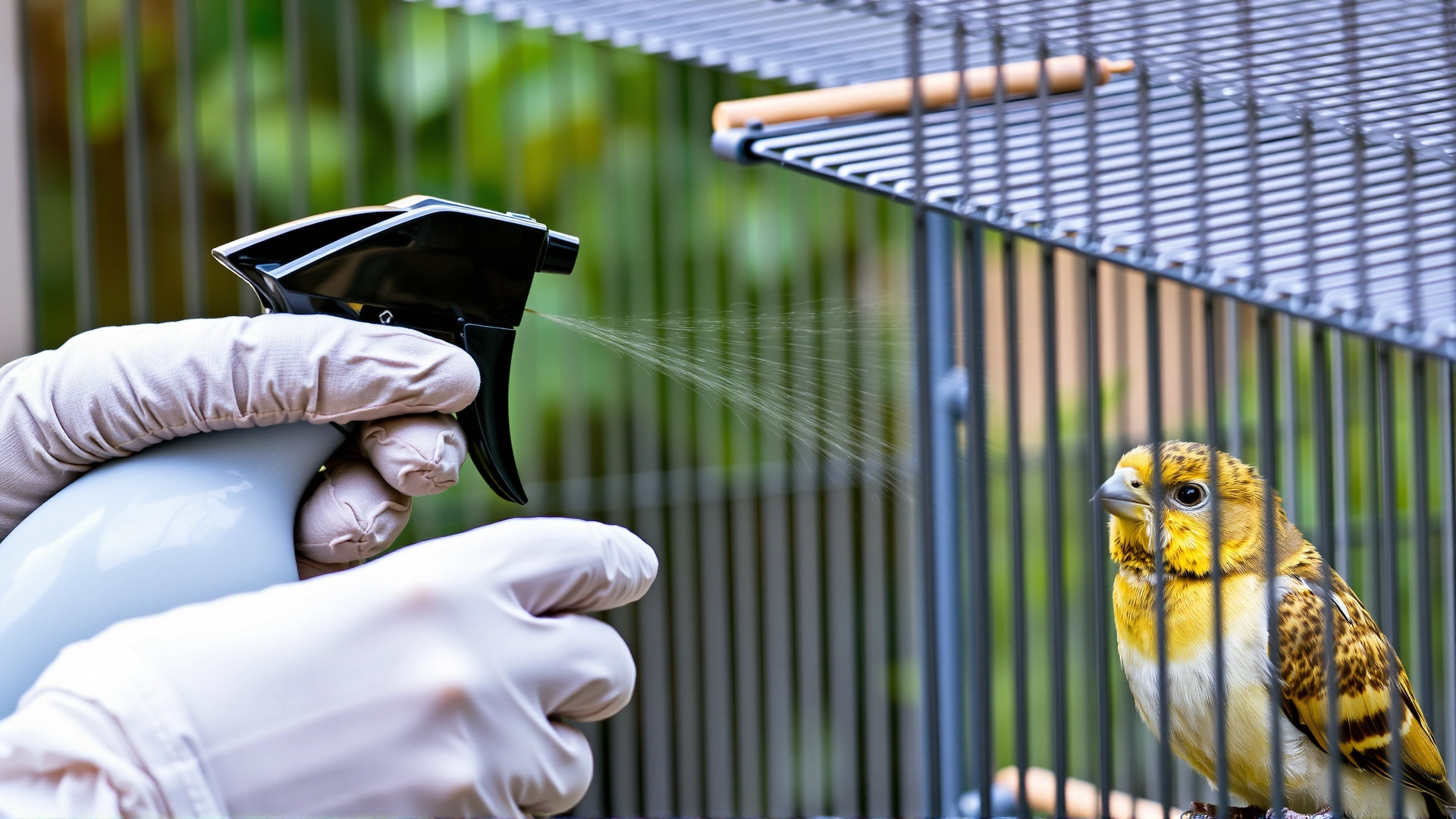 Person wearing gloves cleaning a bird cage with a spray bottle and brush, with the bird perched nearby watching.