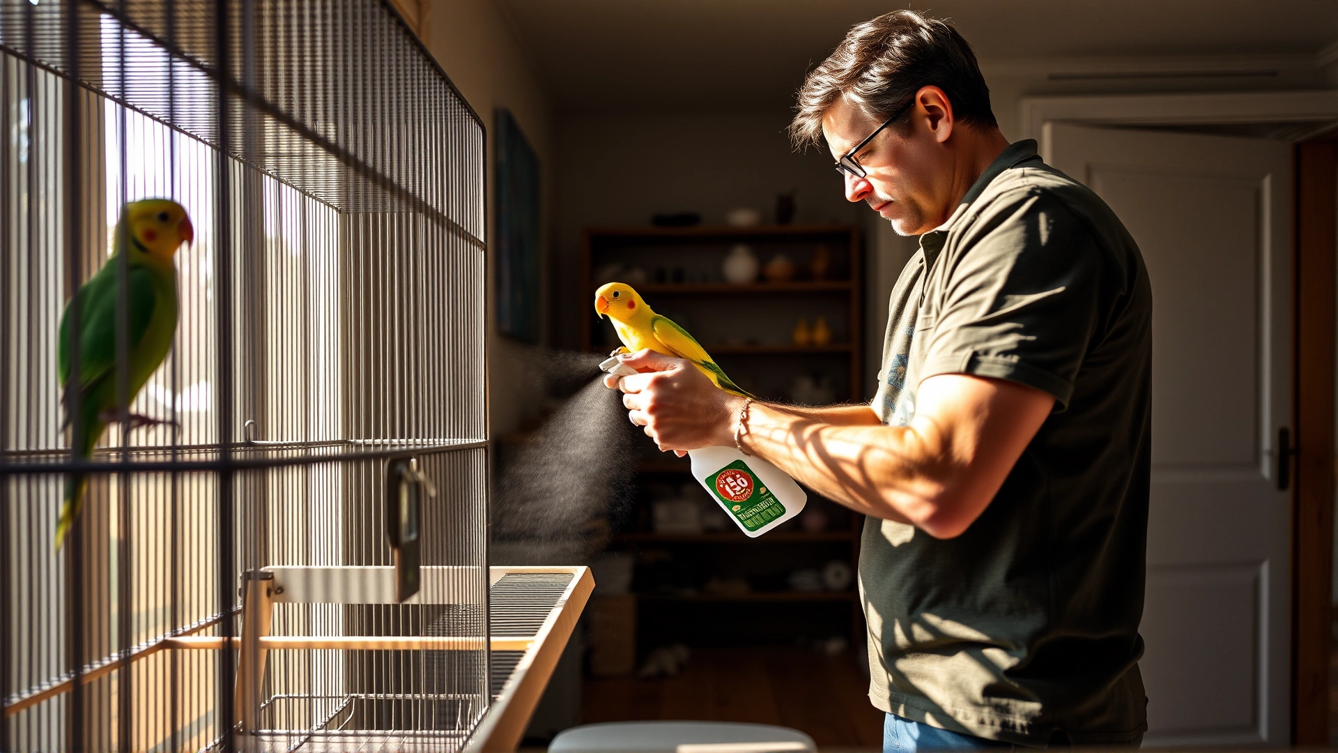 Bird owner wearing casual clothes cleaning a spacious bird cage with an eco-friendly disinfectant spray in a sunlit room.