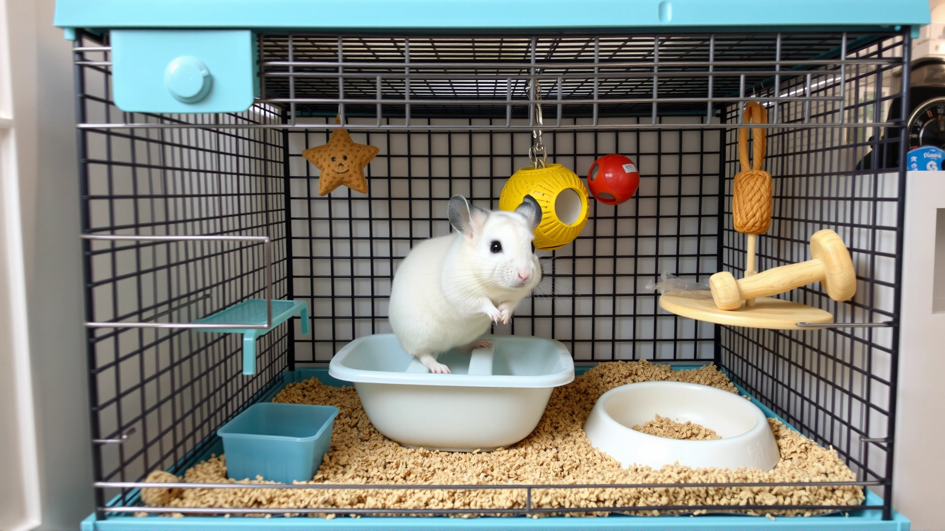 Spotless chinchilla cage with dust bath, chew toys, and proper ventilation, photographed in a well-lit room.