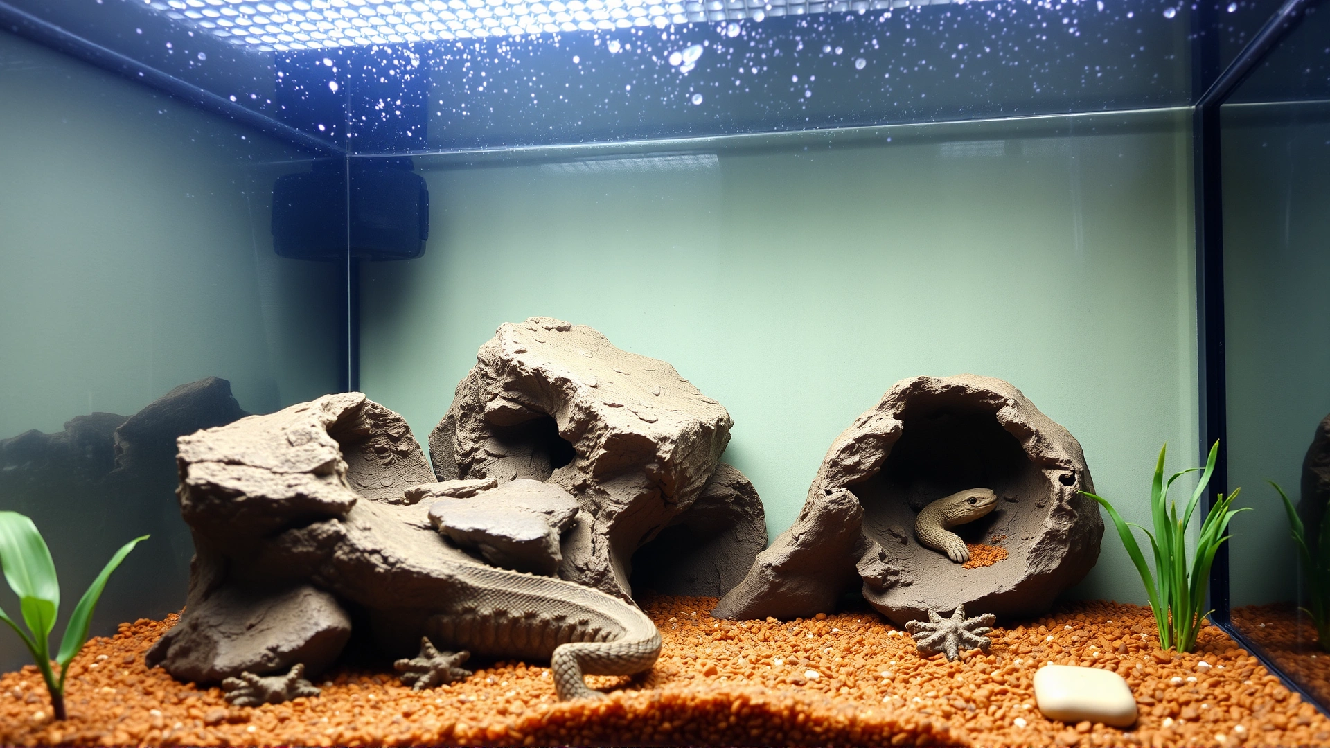 Sparkling clean reptile terrarium with fresh substrate, hiding spots, and proper lighting setup.