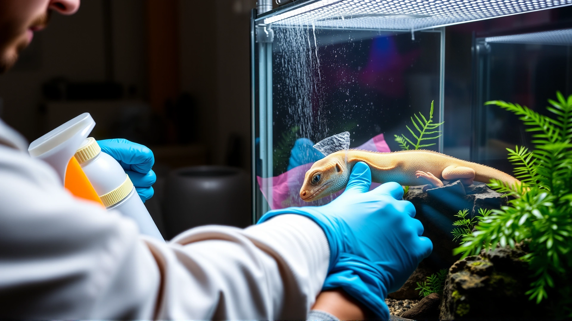 Person wearing gloves cleaning a reptile terrarium, removing substrate and disinfecting surfaces, bright setting
