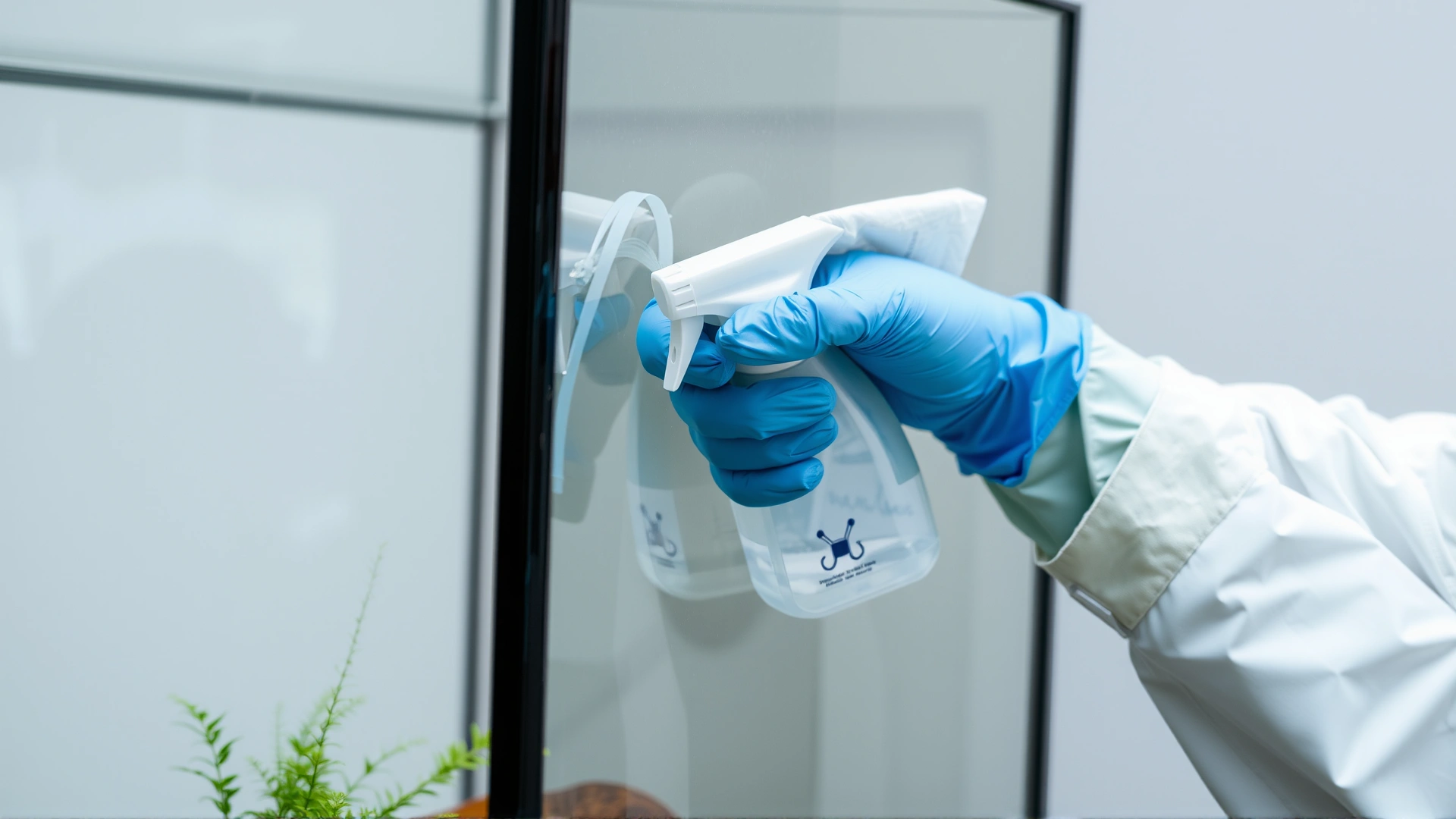 Person wearing disposable gloves thoroughly cleaning a glass terrarium with a spray disinfectant and paper towels.