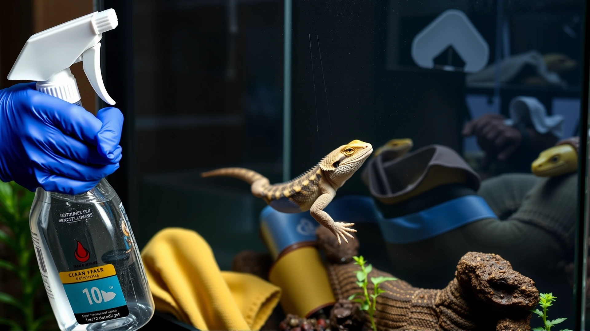 Person wearing nitrile gloves cleaning a glass terrarium with disinfectant spray and cloth, reptile temporarily removed.