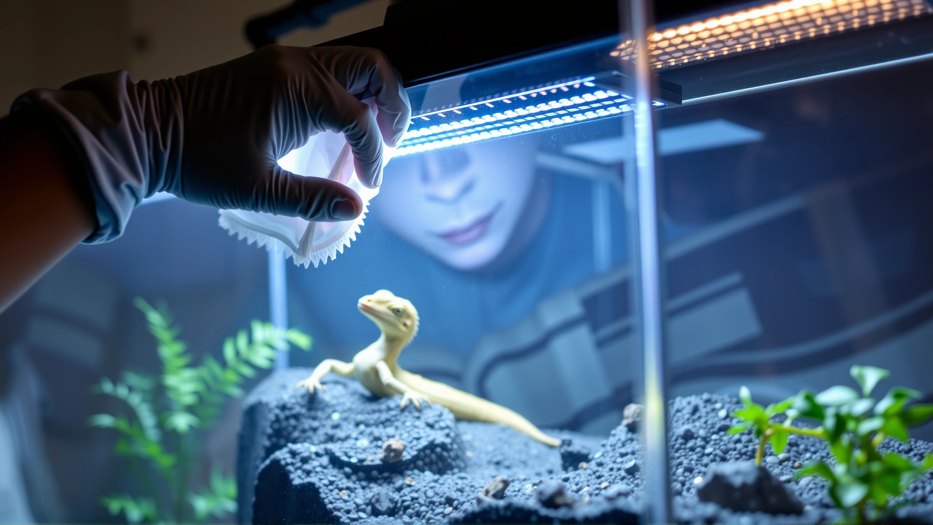 Bright, well-lit image of a reptile terrarium being cleaned: gloved hands wiping the glass and adding fresh substrate.
