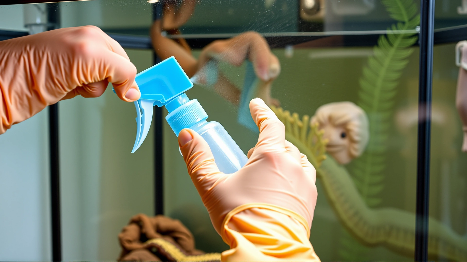 Hand wearing a latex glove cleaning the glass walls of a reptile terrarium with a disinfectant spray bottle, enclosure partially empty