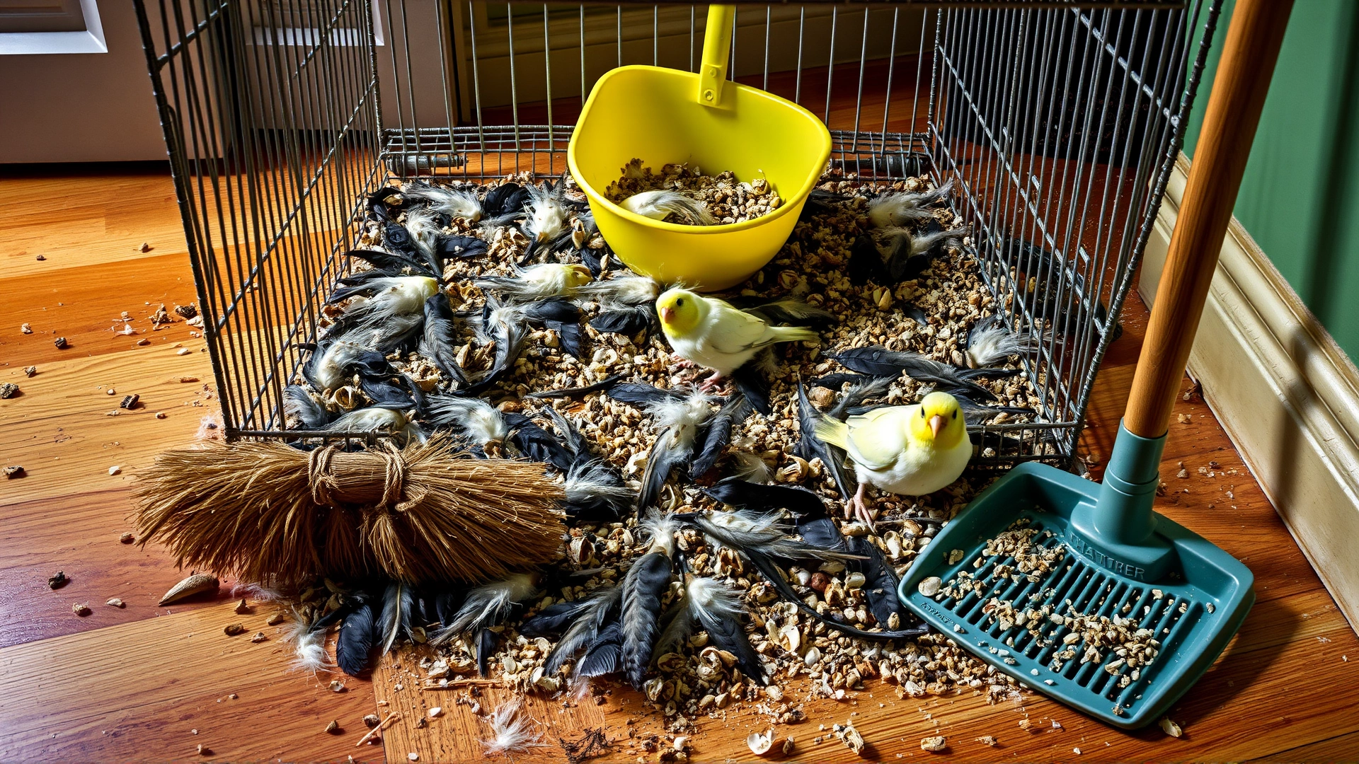 Floor around a bird cage covered in feathers and seed shells with a broom and dustpan nearby, demonstrating the daily mess created by birds.