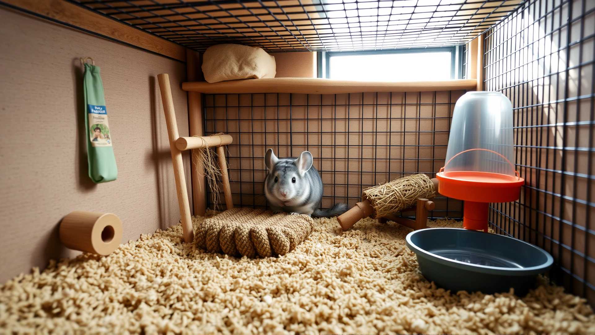 Clean and well-organized chinchilla enclosure with fresh bedding, chew toys, hay rack, and water bottle, lit by natural light.
