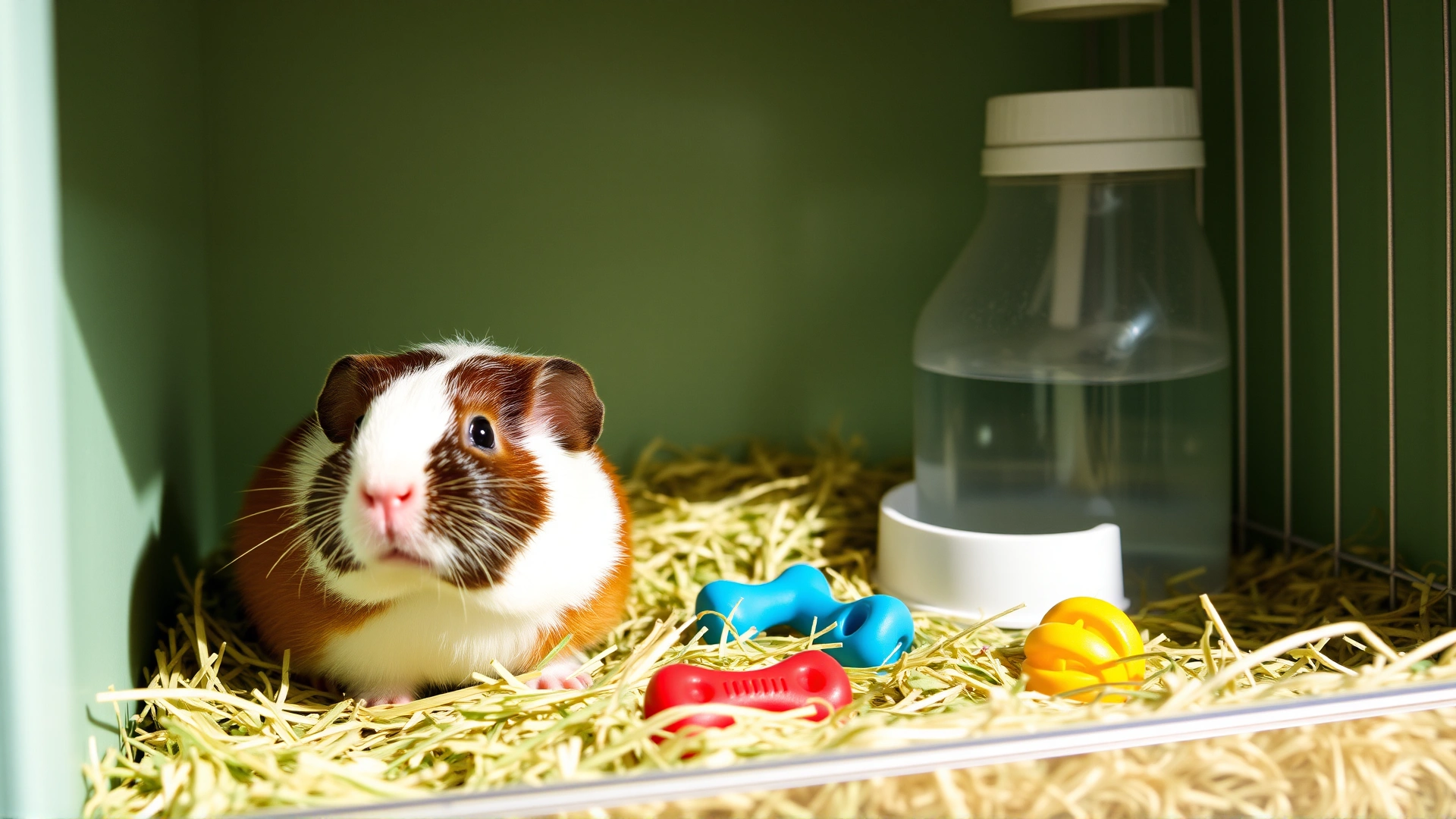 Well-lit guinea pig enclosure with fresh hay, clean water bottle, and colorful chew toys, representing ideal hygiene.