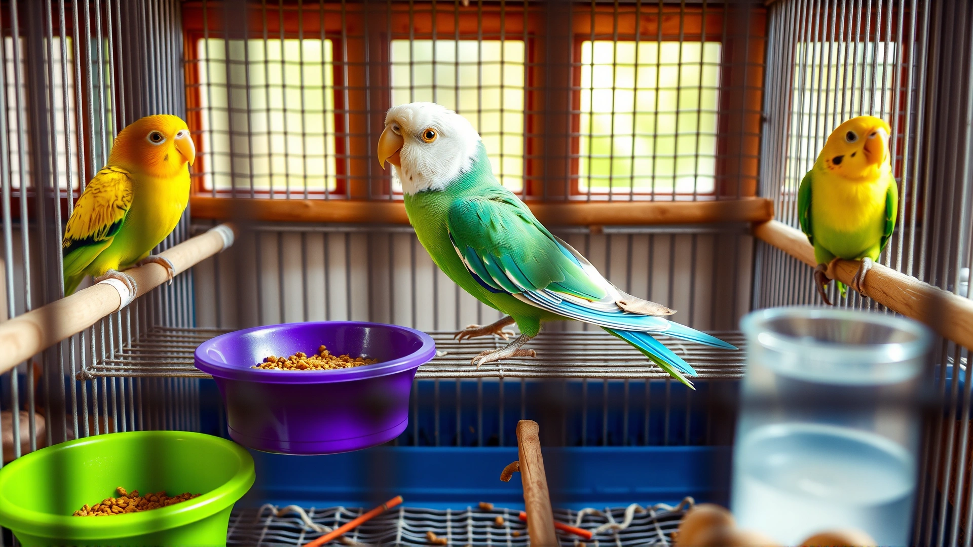 Bright and tidy bird cage with fresh food bowls, clean water, and natural wooden perches emphasizing good hygiene