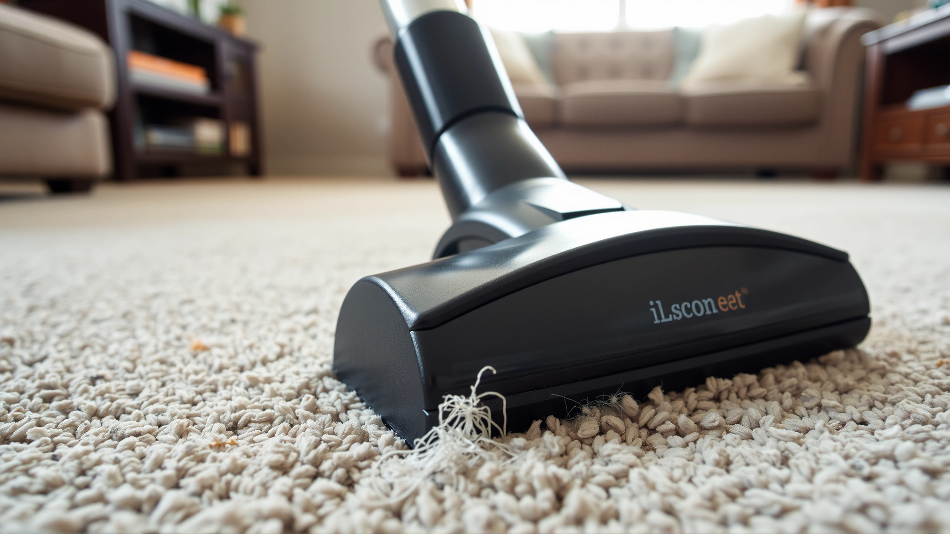 Vacuum cleaner head in action on a carpeted living room floor with scattered pet hair and dander, daylight.