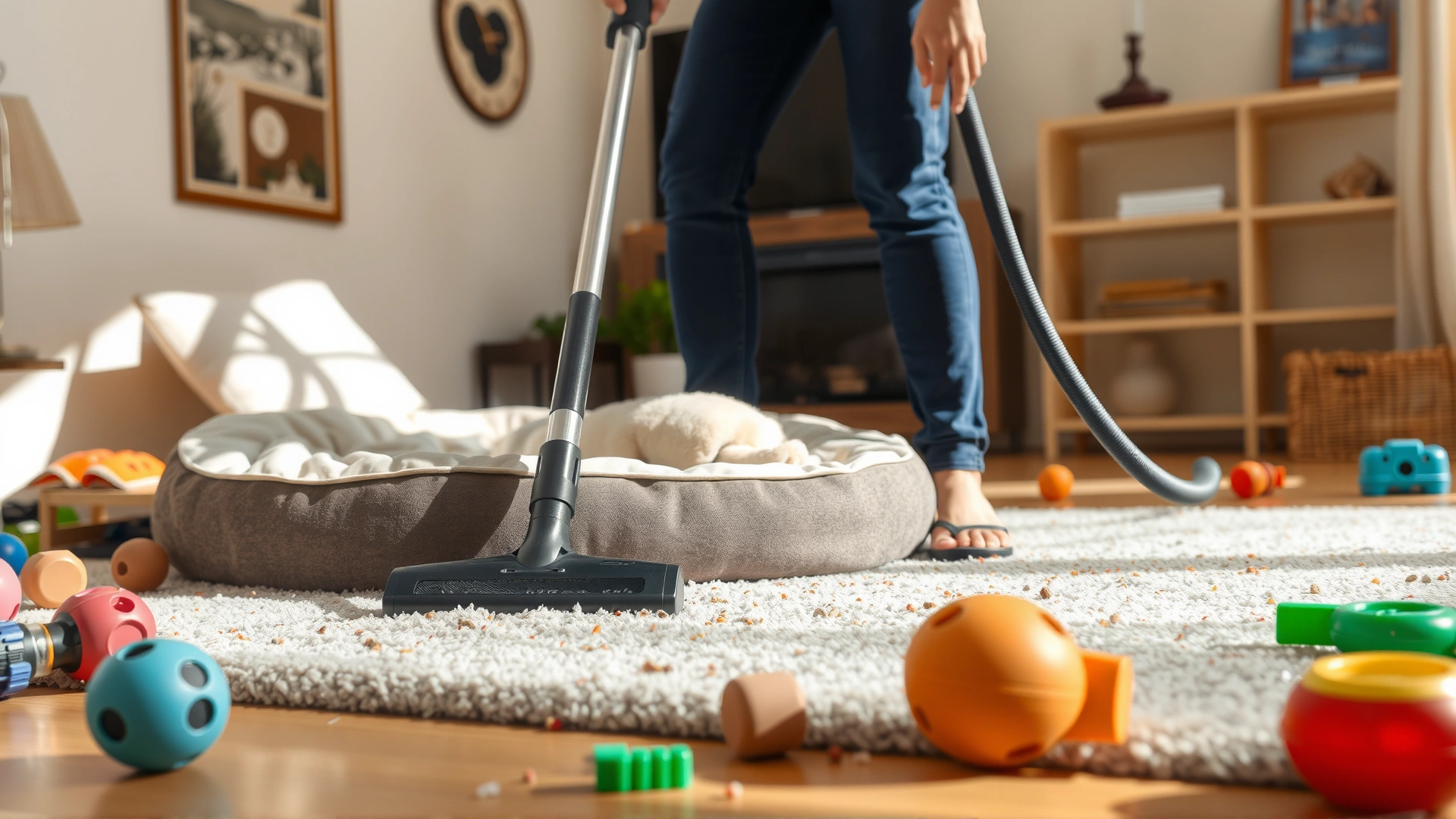 Person vacuuming a living room with a dog bed and scattered toys to eliminate flea eggs, bright daylight