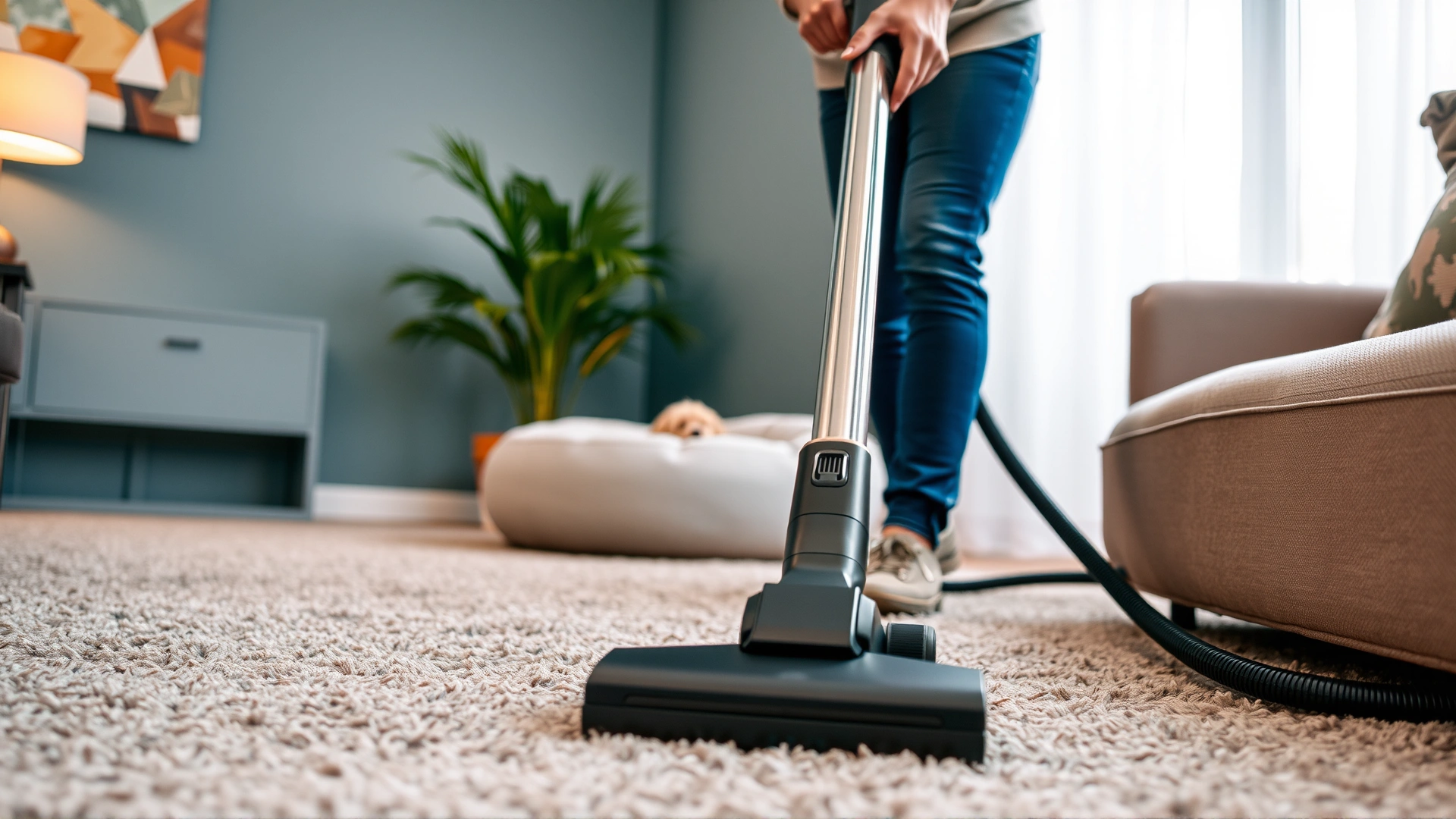 Photo of a person vacuuming a living room carpet with a modern vacuum cleaner, pet bed visible in background