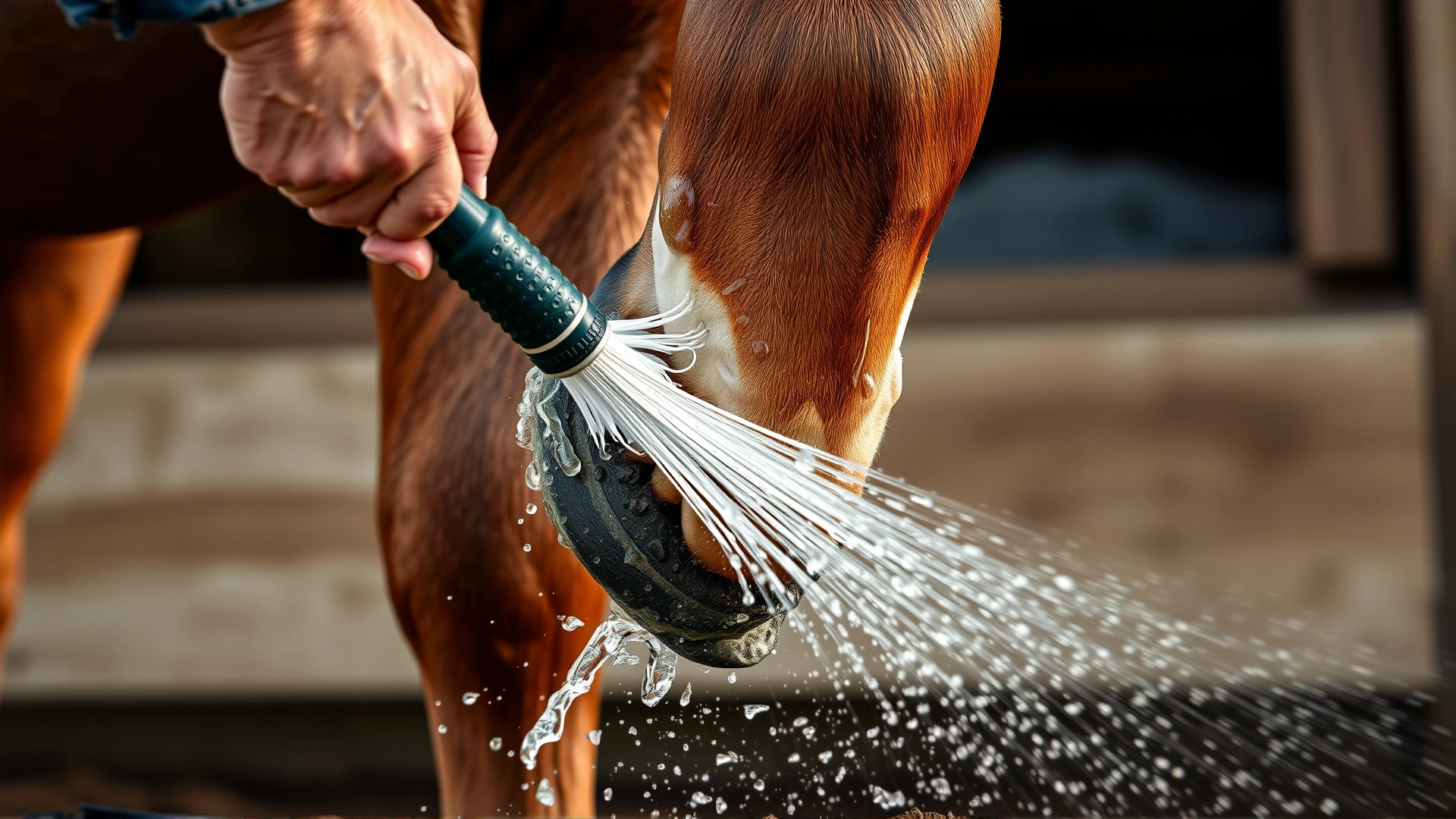 Close-up of a hand using a hose to rinse a horse's lower leg, water droplets glistening, stable background