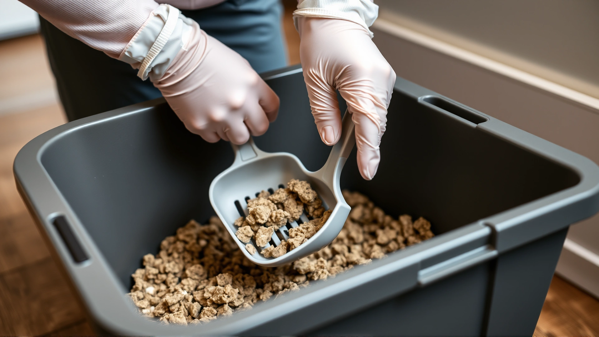 Person wearing disposable gloves scooping clumps from a cat litter box with a plastic scoop, focus on hands and litter box, tidy indoor setting.