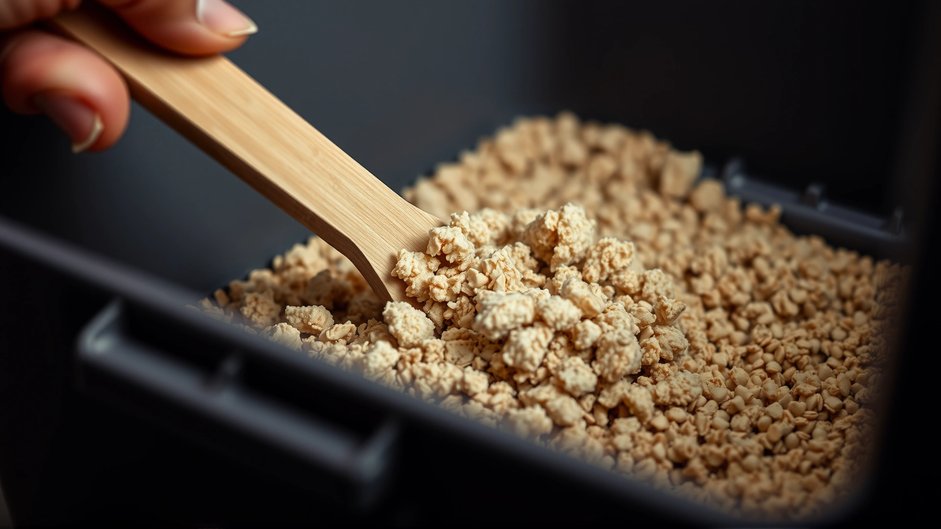 Close-up of a human hand scooping clumps from a litter box with clean granules.