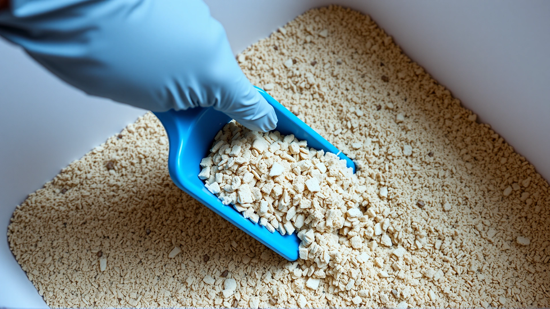 Close-up photo of a human hand wearing a rubber glove scooping clumped litter from a clean litter box with fresh sandy litter