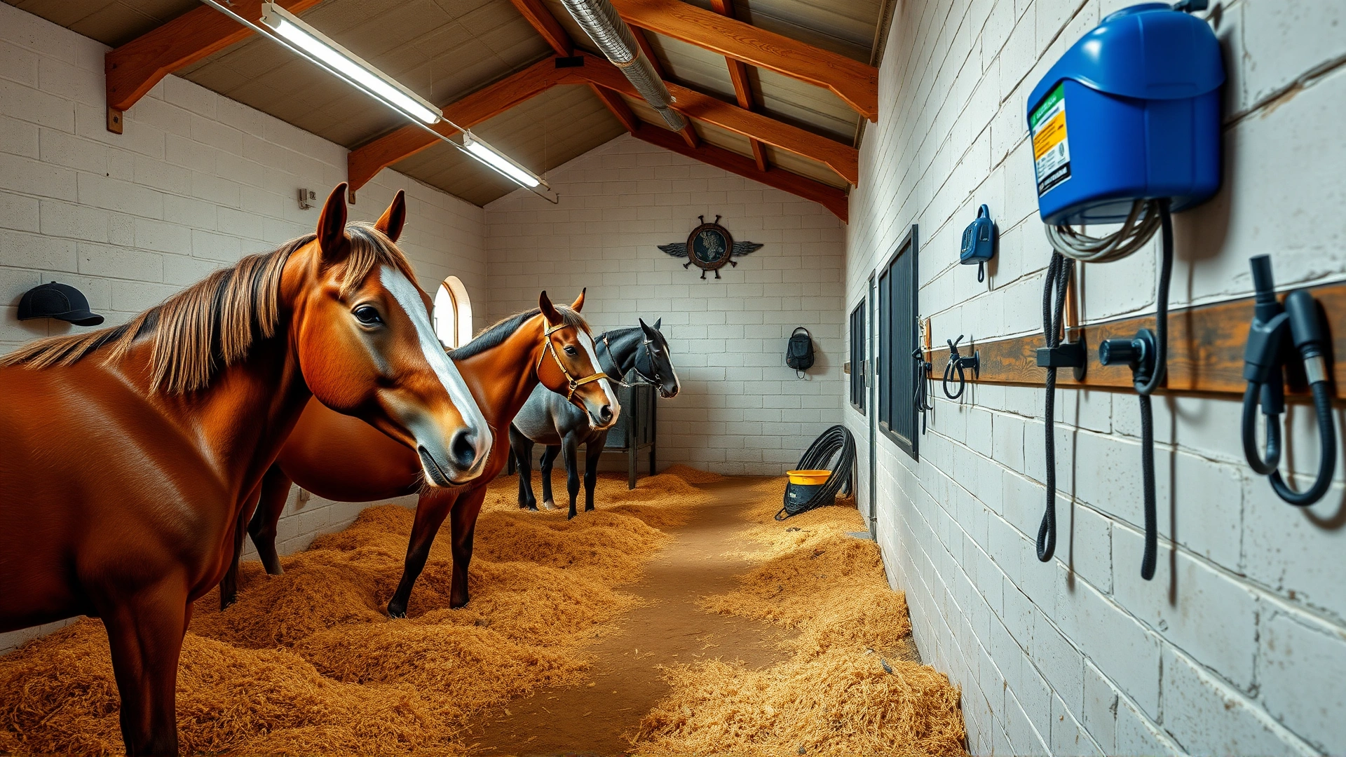 Clean and well-organized horse stable with fresh bedding and tidy equipment on the wall, daylight, no text