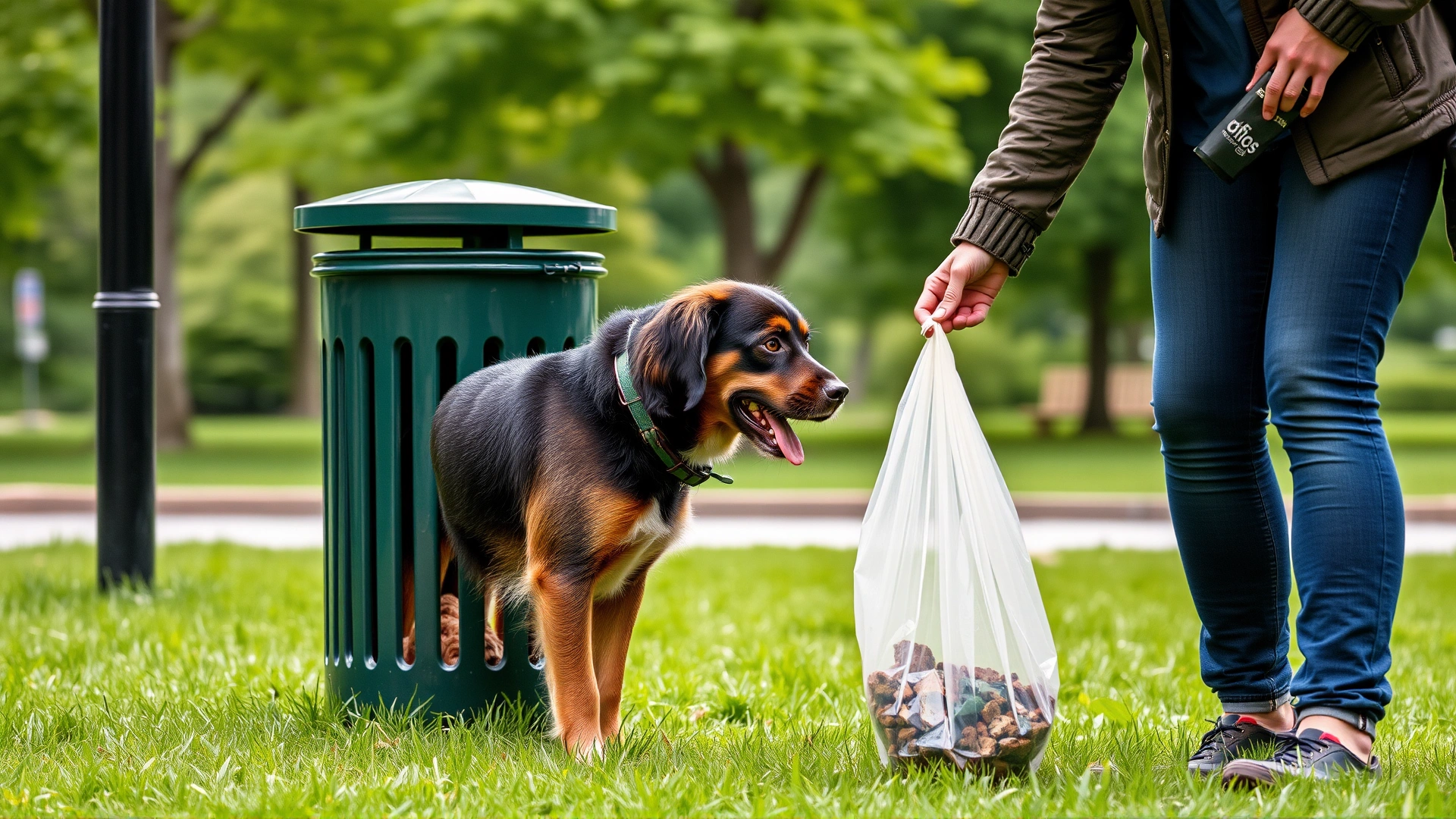 Dog owner using a biodegradable bag to pick up dog waste near a trash bin in a green park setting.