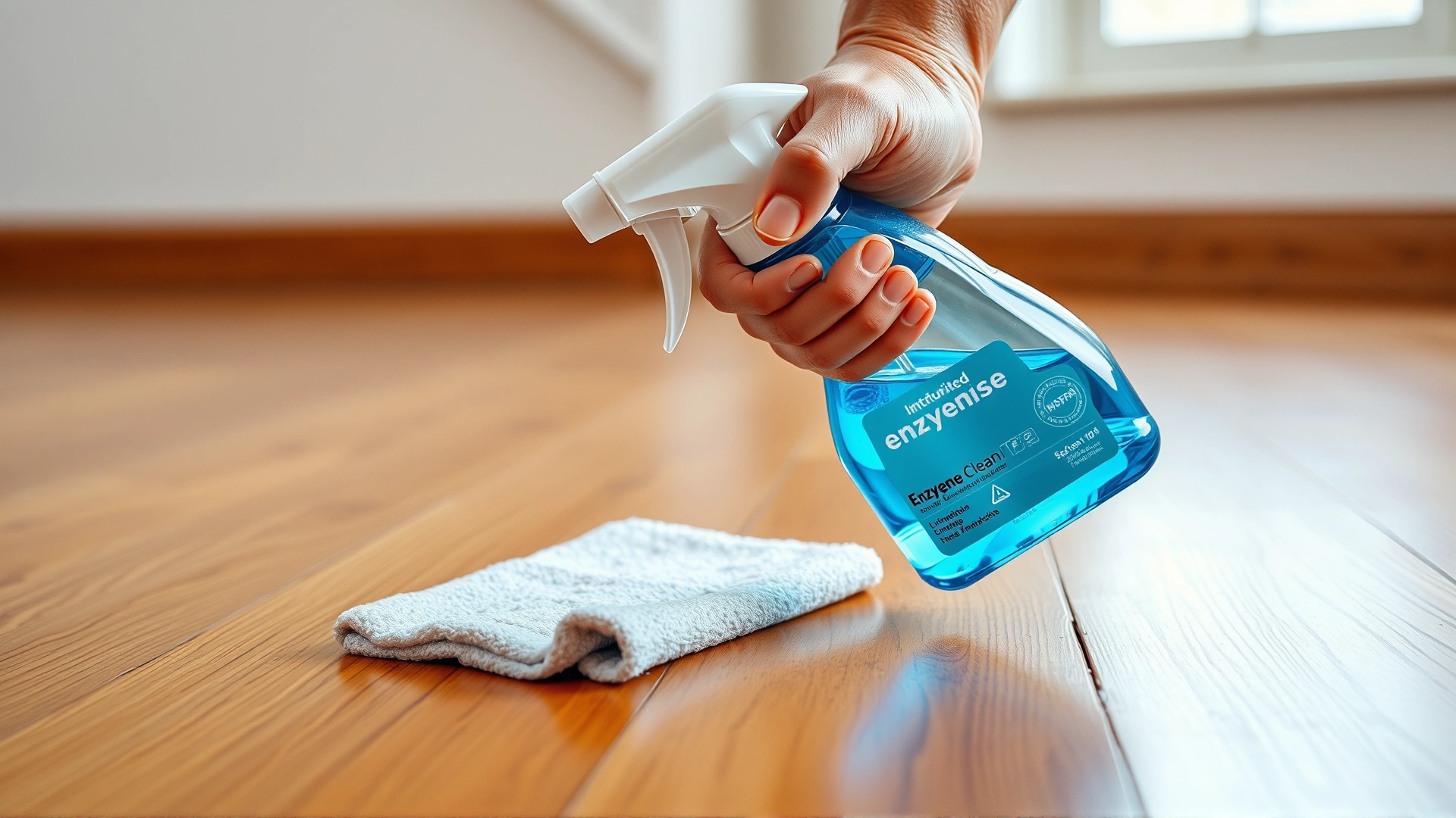Hand holding enzymatic cleaner spray bottle and wiping wooden floor with cloth, no brands or text visible.