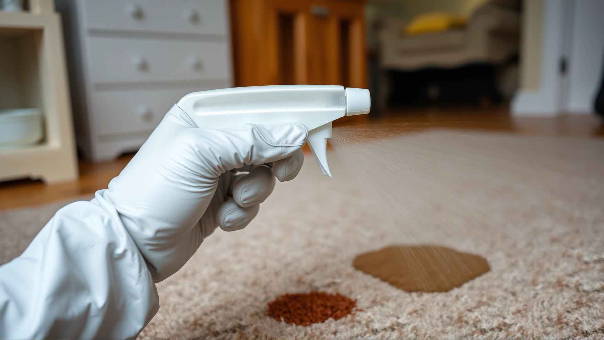 Hand in glove spraying enzymatic cleaner on a carpet stain, focus on action, household background blurred.