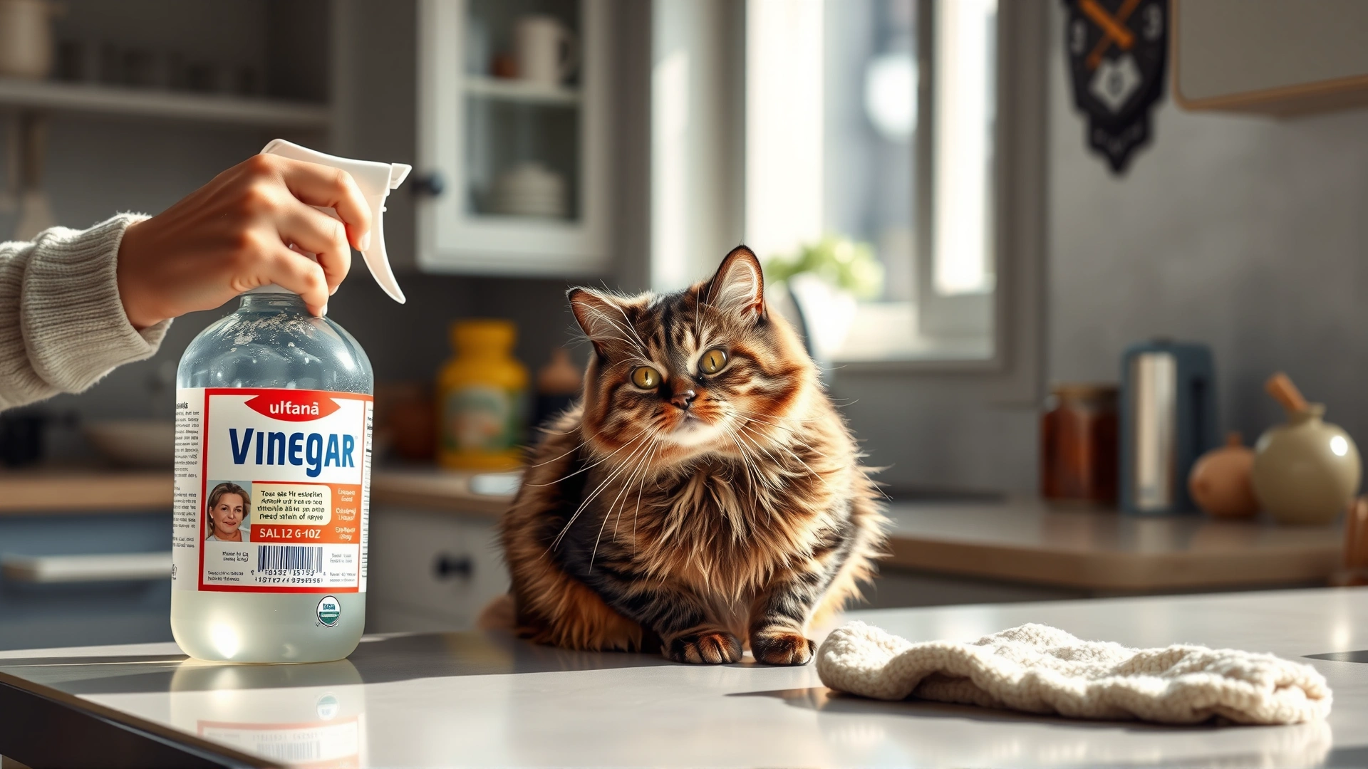 Cat owner cleaning a kitchen counter with white vinegar spray bottle and cloth while a curious cat sits nearby, bright kitchen setting, no text.
