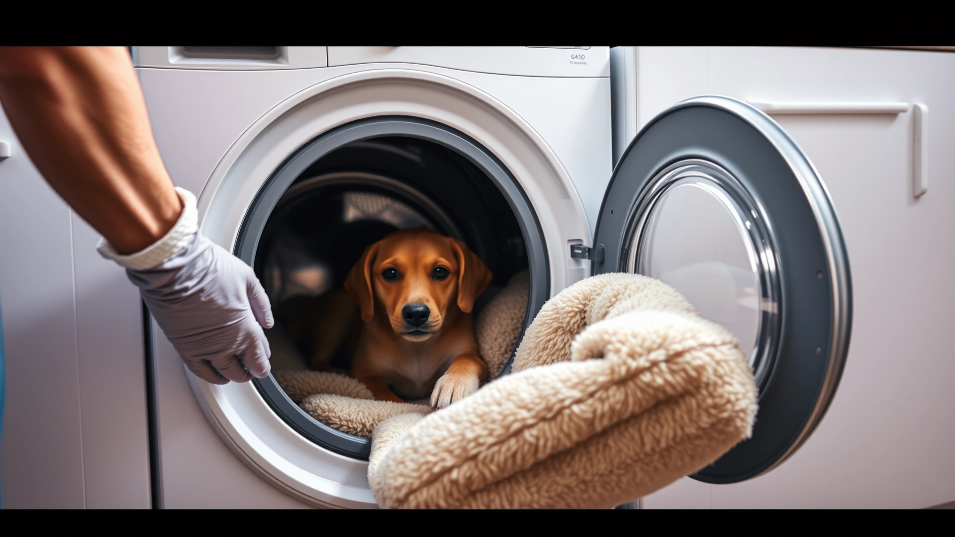 Person wearing rubber gloves placing a dog bed into a front-loading washing machine at home, bright setting