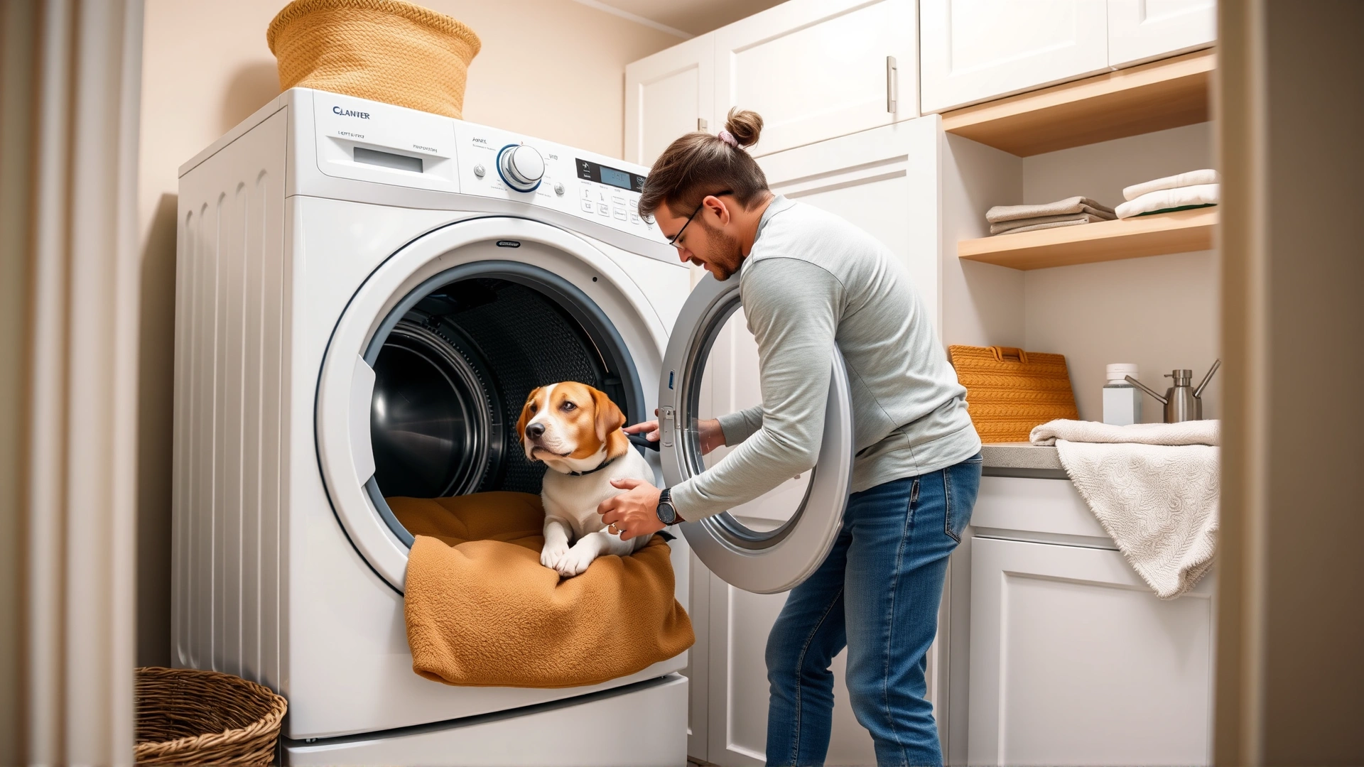 Owner loading a dog bed and blankets into a front-loading washing machine inside a tidy laundry room.