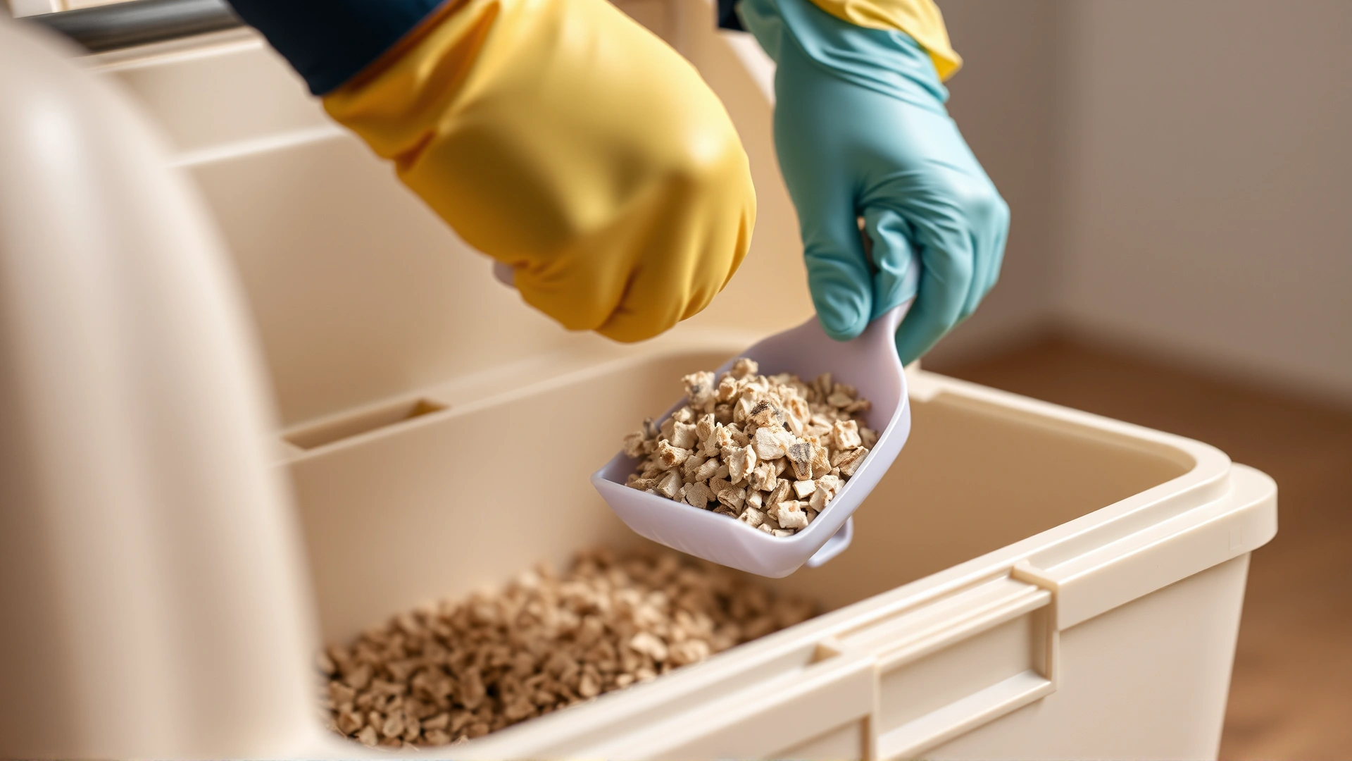 Person wearing rubber gloves scooping clumped litter from a box with a plastic scoop, focus on hands and litter box