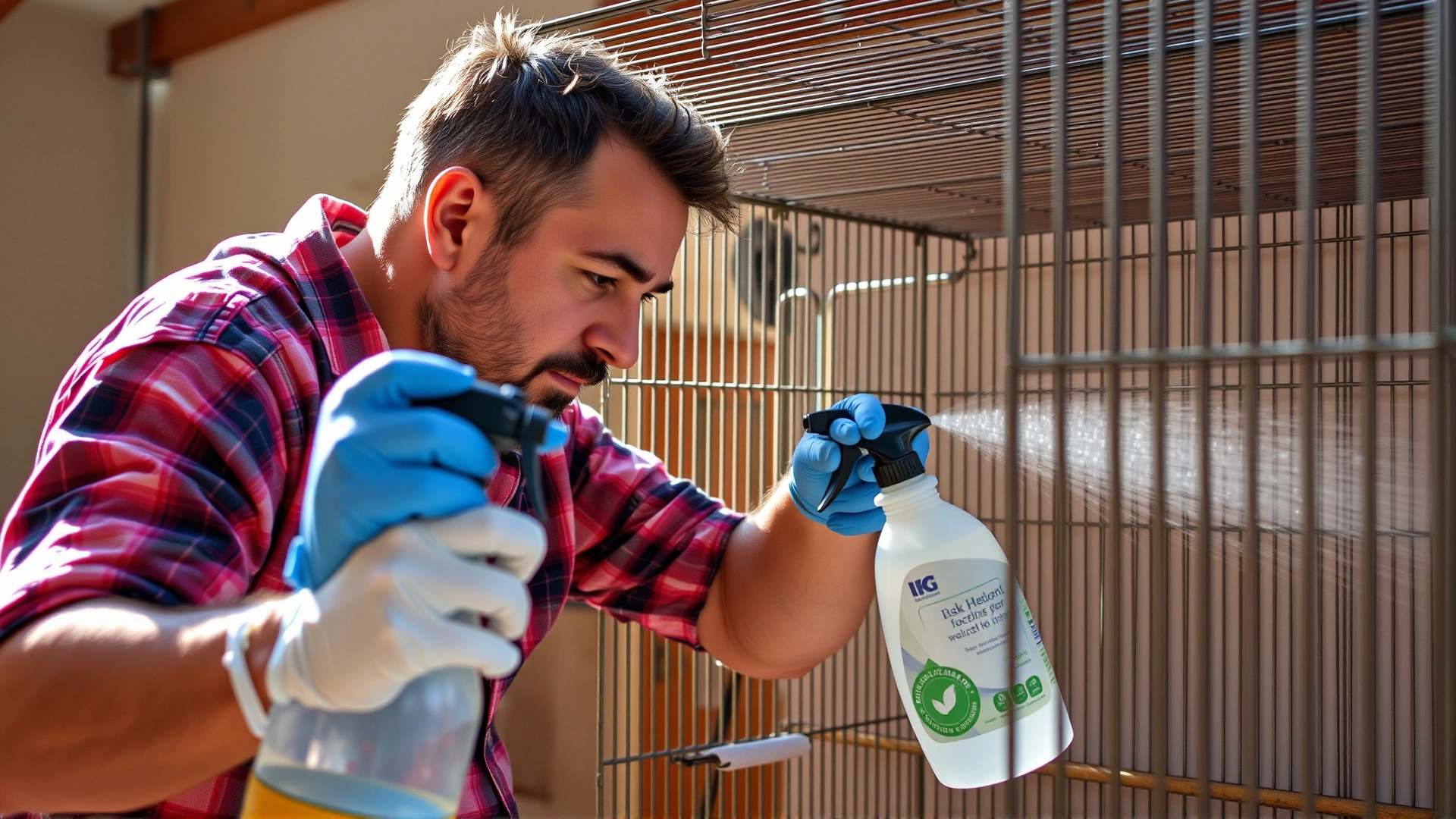 Bird owner wearing gloves thoroughly cleaning and disinfecting a large bird cage with an eco-friendly spray bottle, natural sunlight
