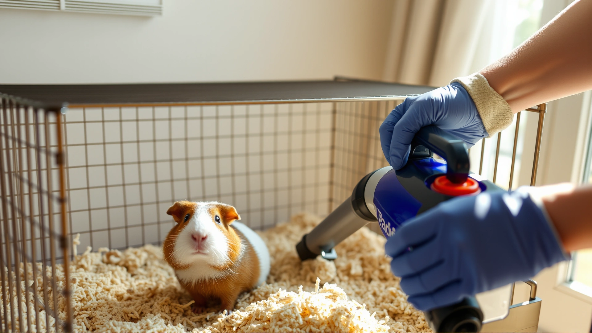 Pet owner wearing gloves and using a handheld vacuum to remove soiled bedding from a guinea pig cage, sunlight streaming through window