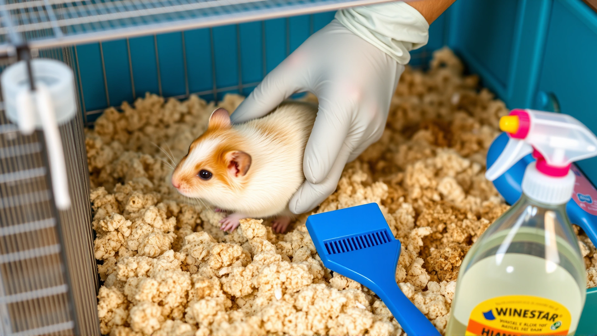 Human hands wearing pet-safe gloves removing soiled bedding from a hamster cage, with cleaning supplies like a small brush and vinegar spray bottle visible nearby.