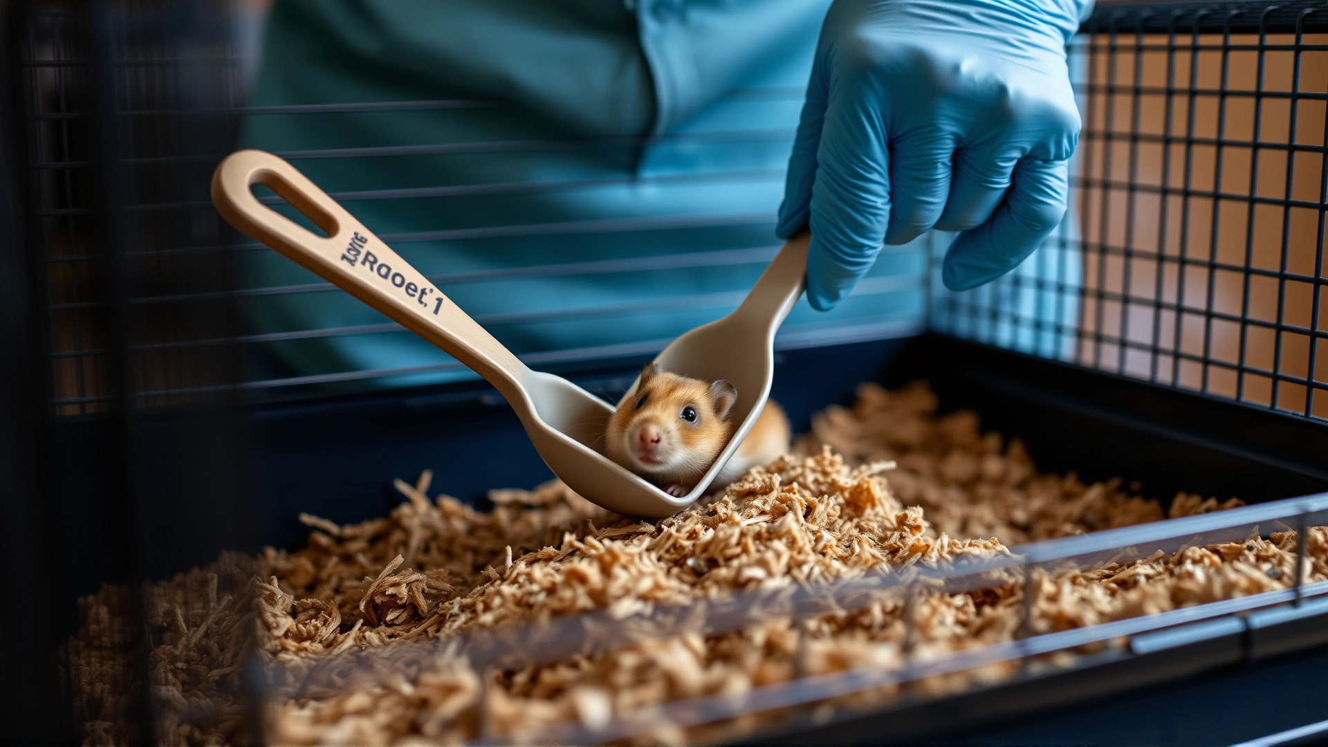 Person wearing gloves removing soiled bedding from a hamster cage using a small scoop, indoor setting