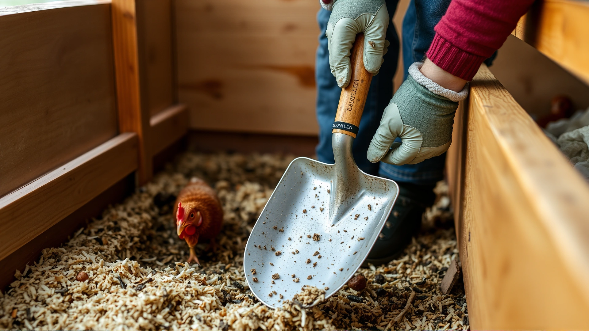 Person wearing gloves and using a small shovel to remove soiled bedding from the floor of a chicken coop during cleaning.