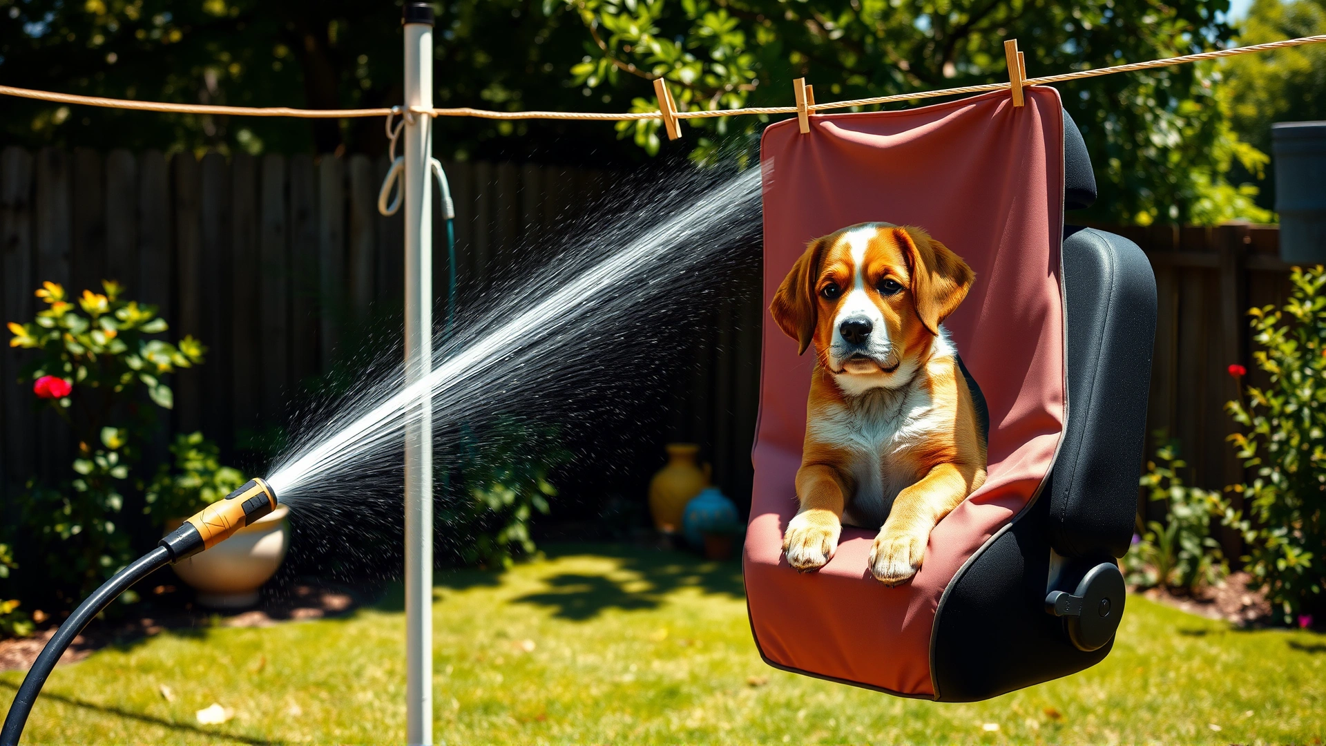 Dog car seat cover hanging on a clothesline being sprayed with a garden hose outdoors on a sunny day